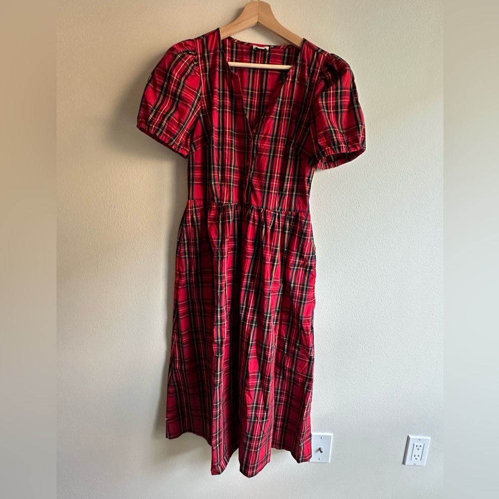 Red plaid dress with puff caped sleeves and pockets